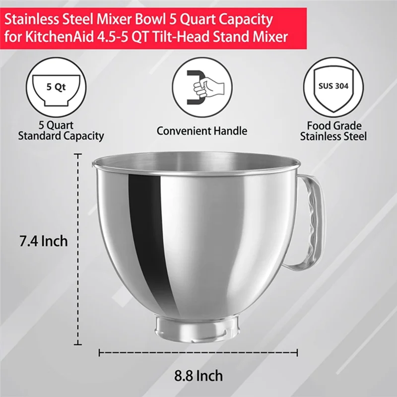 For Kitchenaid Classic&Artisan Series 4.5QT/5QT Mixer 304 Bowl Stainless Steel Mixer Bowl Dishwasher Safe HOT