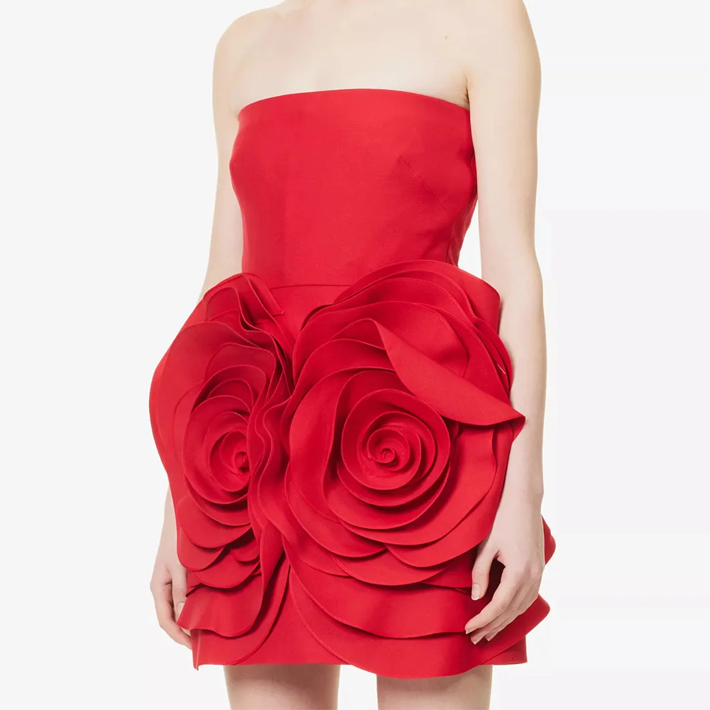 

Women 2024 Summer Elegant Fashion Petal Mini Dress Rose flower Applique Strapless Party Dress Prom Vesper Red Tube Short Dress