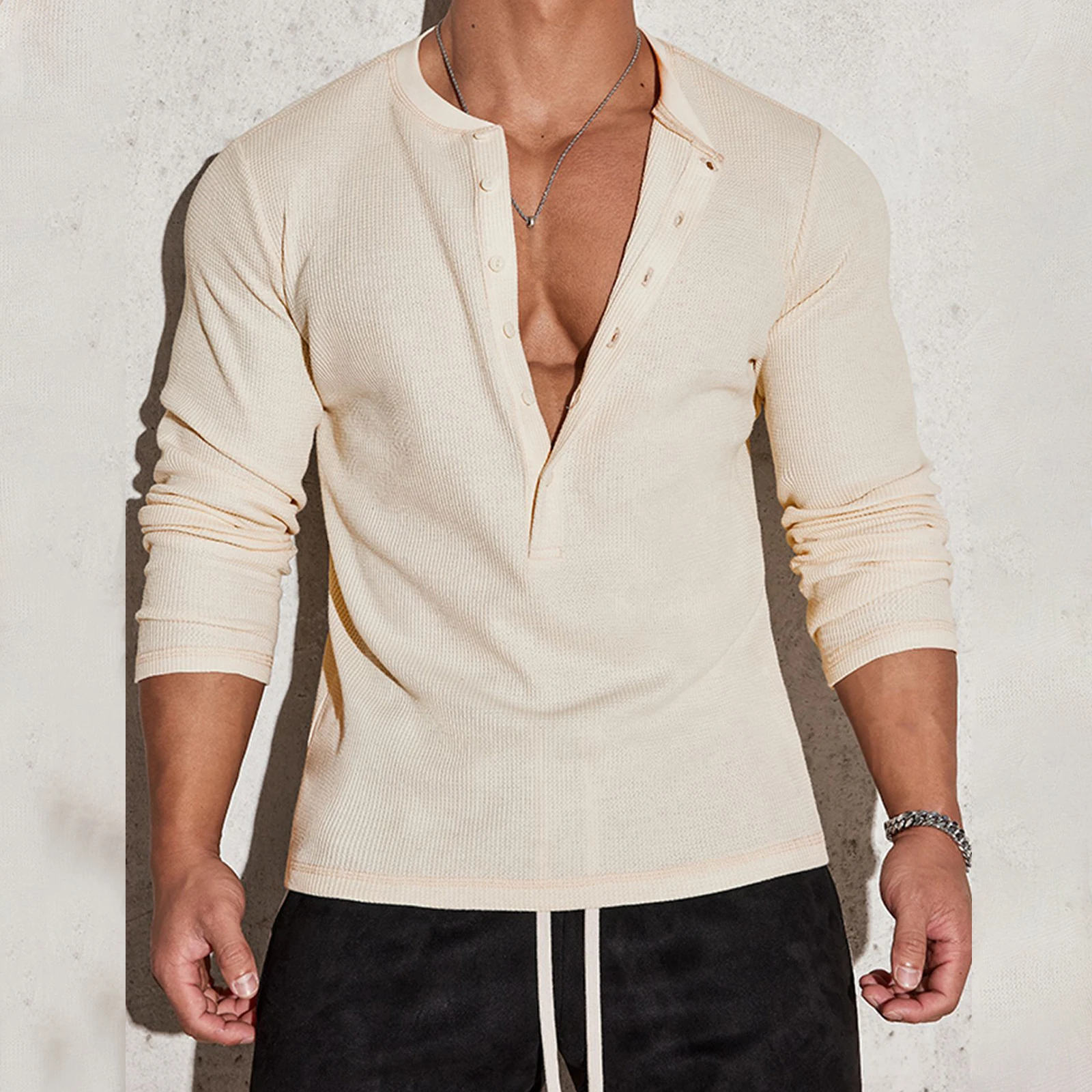 Men s  Fit Henley Shirt Solid Color Long Sleeve Button-up Round Neck Stretchy Casual Tops for Fall Streetwear Workout