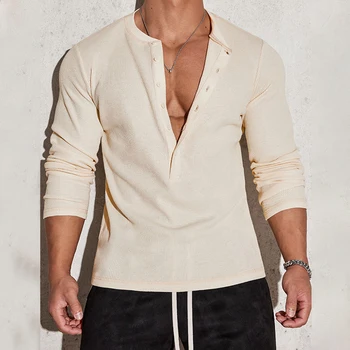 Men s  Fit Henley Shirt Solid Color Long Sleeve Button-up Round Neck Stretchy Casual Tops for Fall Streetwear Workout 5