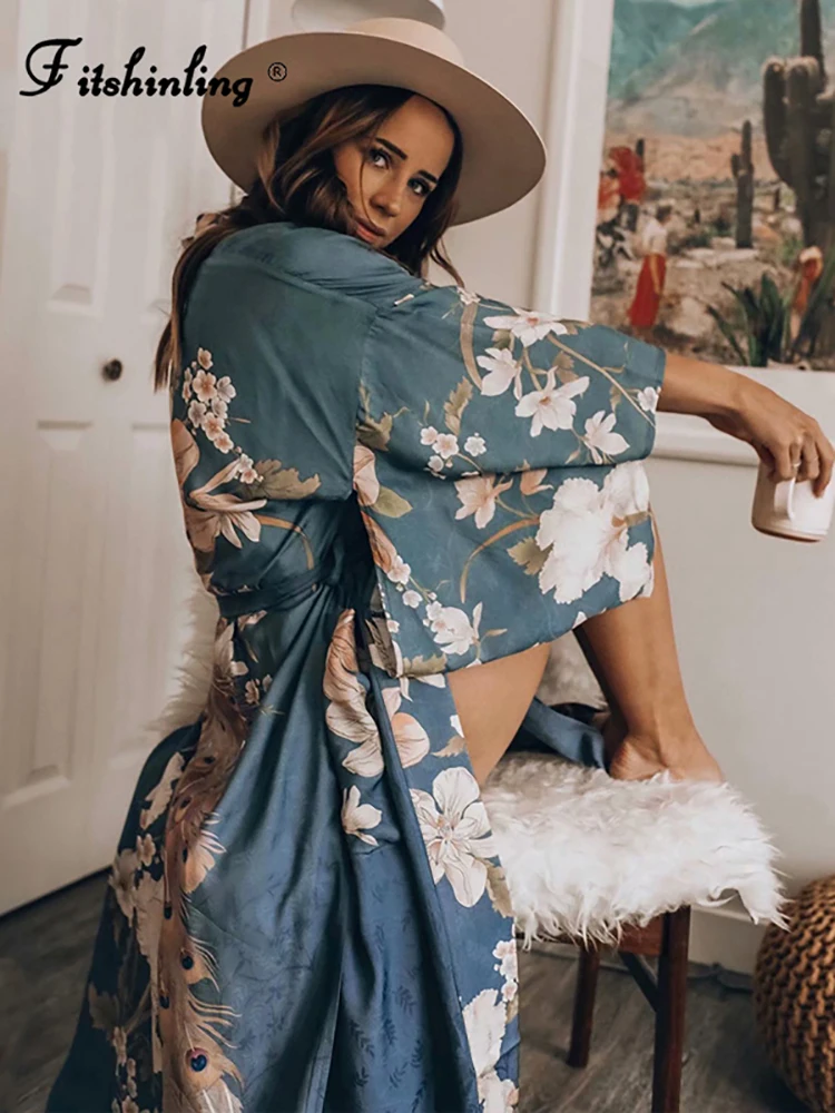 Fitshinling Flare Sleeve Beach Kimono With Sashes Side Split Print Pockets  Slim Long Cardigan Holiday Cover-up Autumn Outing New - Cover-ups -  AliExpress