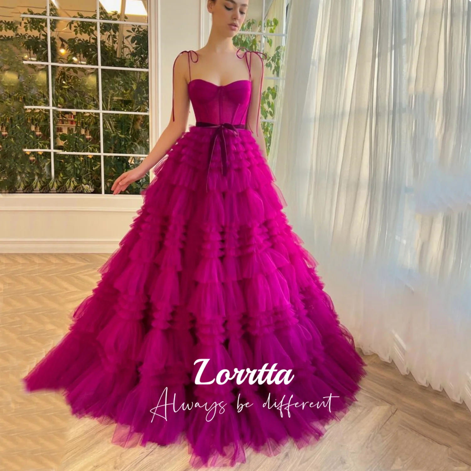 

Lorrtta Rose Pink A-line Spaghetti Strap Party Dresses Multilayer Tulle Prom Dress Sweet Sleeveless Evening Dress
