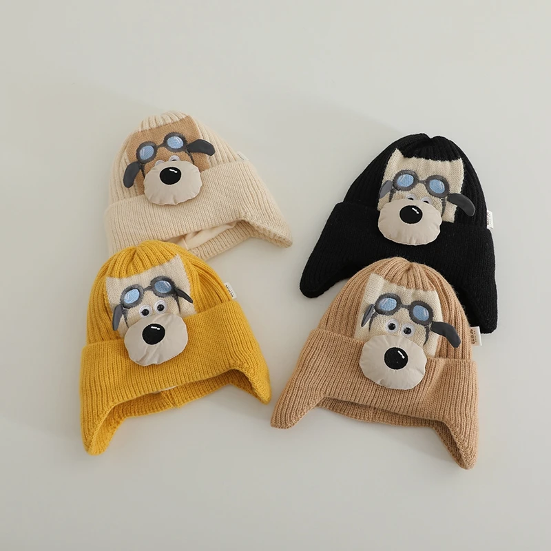 New Winter Kids Cartoon Knitted Hats Warm Ear Protection Hat for Boys Double Layer Pullover Beanie Cap 1-4Y