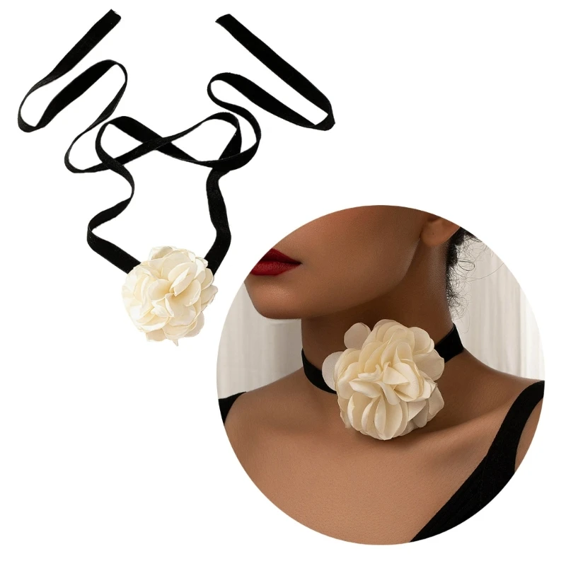 Simple Fabric Flower Long Ribbon Choker Necklaces Neckband Clavicle Chain Choker Party Gift Girl Fabric Flower Necklaces