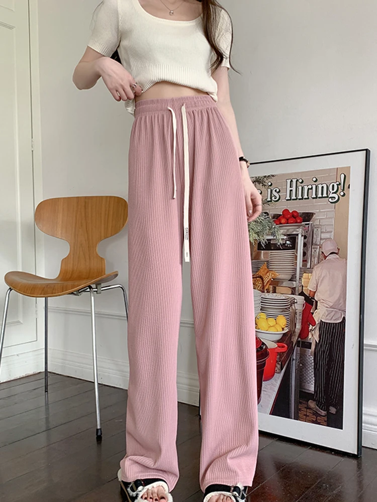 2025 Ribbed High Waist Loose Women Wide Leg Pants Female