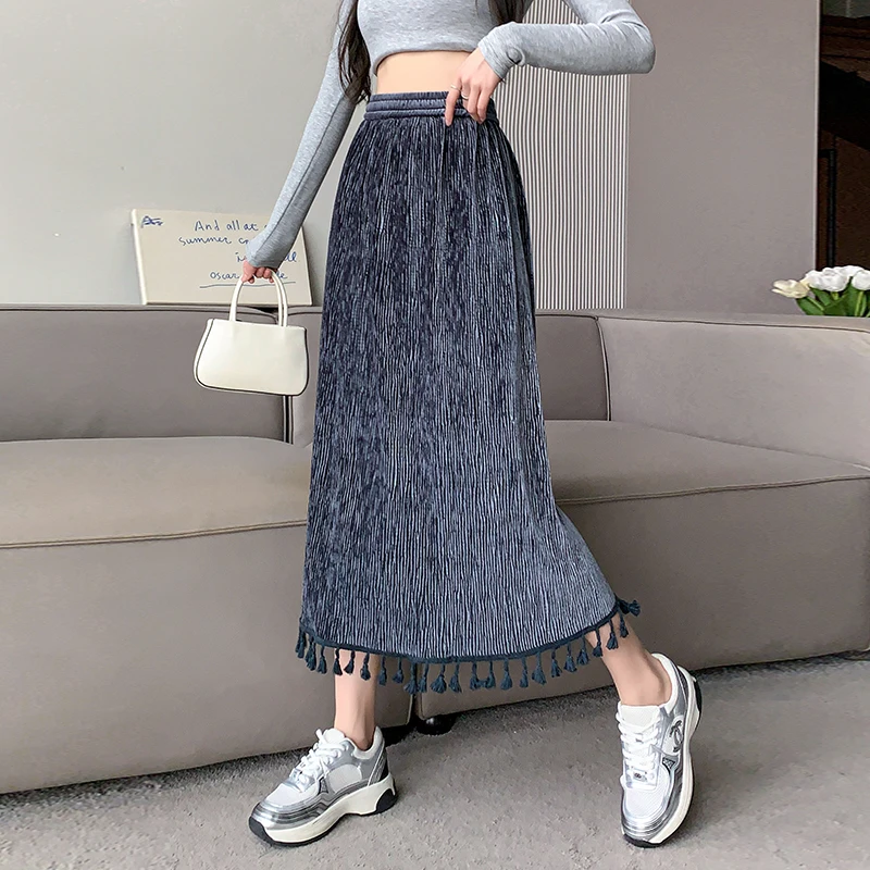 

Tassel Golden Velvet Halfskirt Women's 2023 Autumn/Winter High Waist Pleated Velvet Skirt Mid length Versatile A-line Skirt
