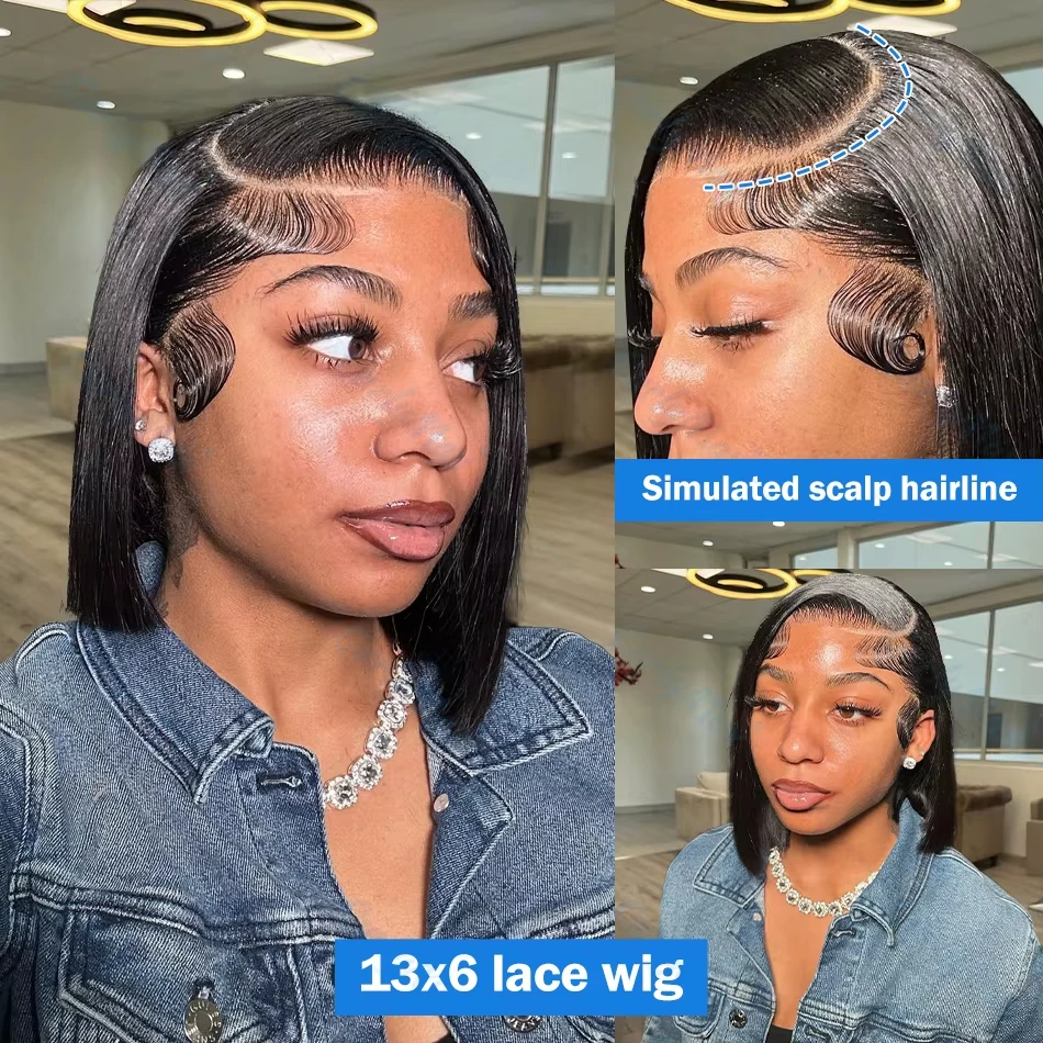 Perruque Lace Frontal Wig naturelle naturelle, cheveux courts et lisses, HD 13×6, pre-plucked, sans colle, 5×5, pour femmes