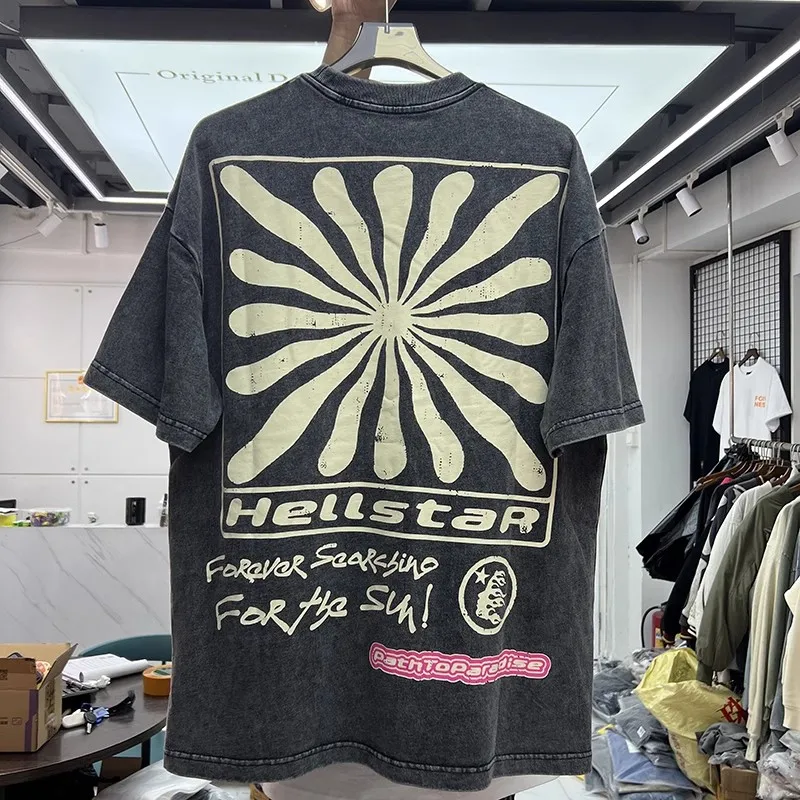 

23SS Top Quality Vintage Hellstar T-shirt Men Women Sun Goth Face Print Tee Tops Mon Compte
