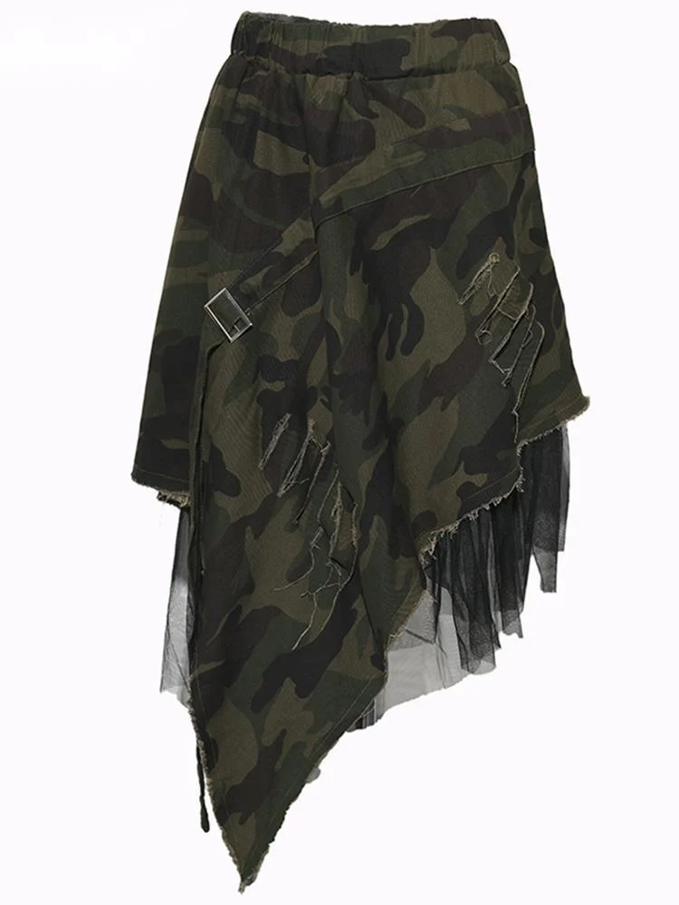 

High Elastic Waist Army Green Mesh Irregulal Long Half-body Skirt Women Fashion Tide New Spring Autumn O238