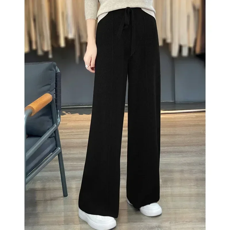 Autumn and Winter Women's High Waisted, Warm, Knitted Wide Leg, Straight Leg Pants, Solid Color, Hanging, Loose, Wide Leg Pants