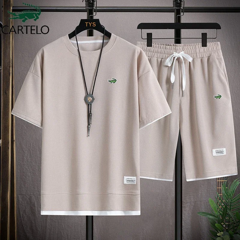 CARTELO Men's Suit 2023 Summer Men's Two Piece Set Linen Fabric Casual T-Shirt Mens Sports Suit Fashion Short Sleeve Tracksuit
