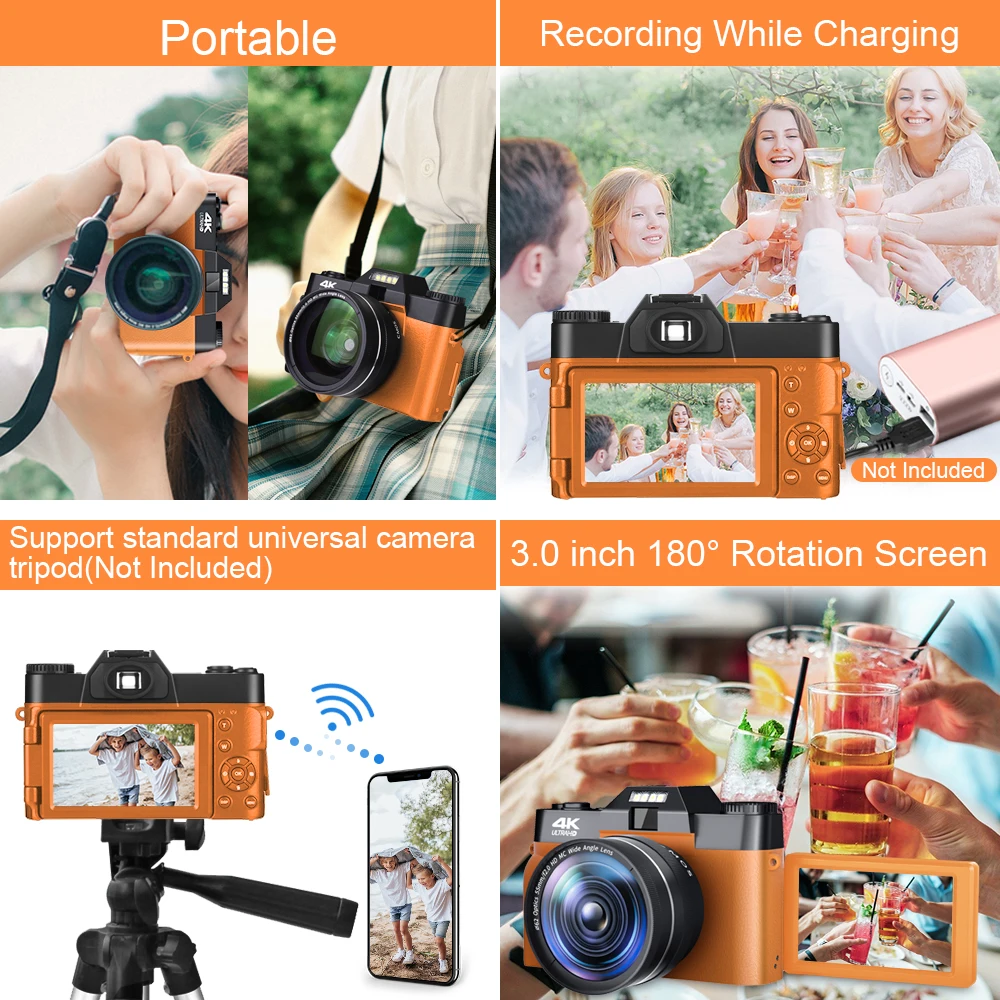 4K Digital Camera 48MP Vlogging Camcorder for YouTube WIFI Portable Handheld Digital Camera 16xZoom Time-lapse Slow Motion