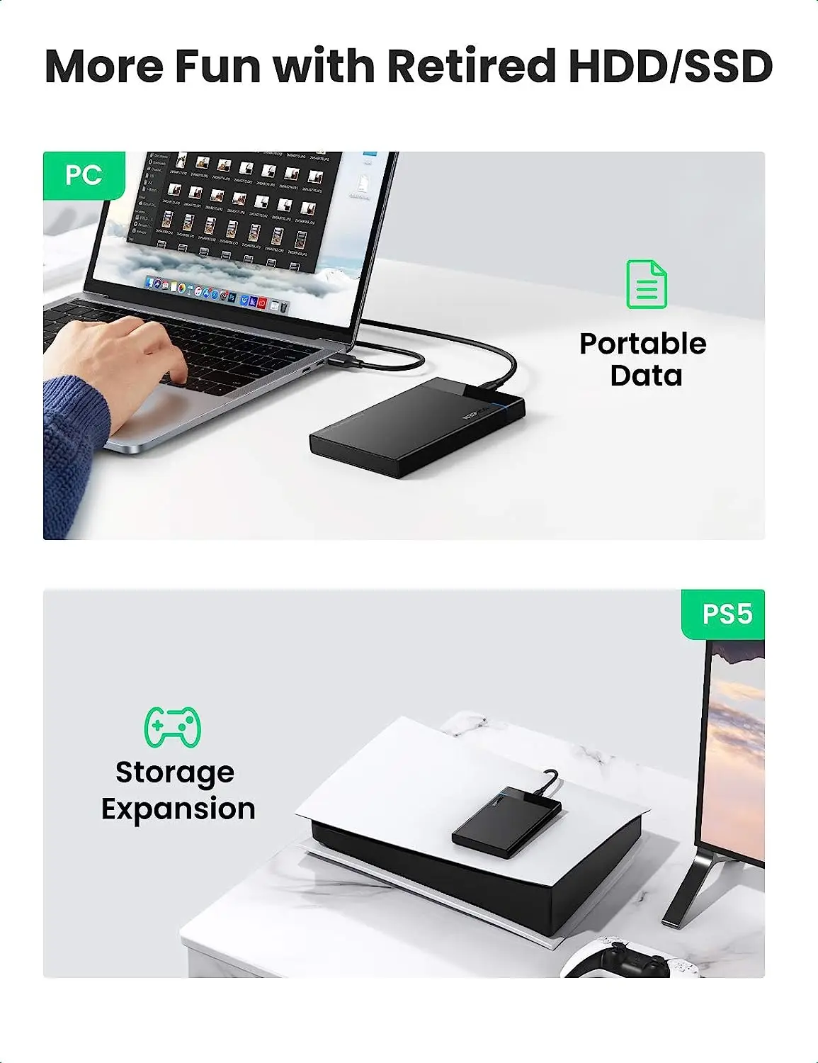 UGREEN 2.5인치 하드 드라이브 인클로저 USB C 3.1 Gen2 to SATA III 6Gbps UASP 외장 케이스 (7mm 9.5mm SSD HDD용)