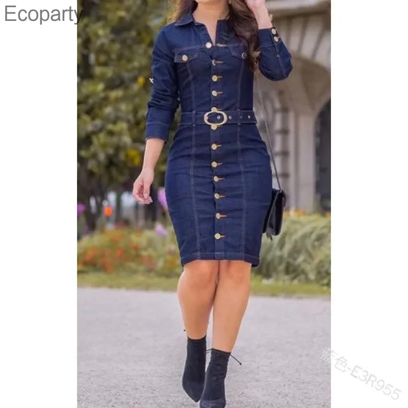 

Women dress Sexy Slim retro multi-button decoration lapel dresses Lady Fashion single-breasted long-sleeve denim goddess dresses