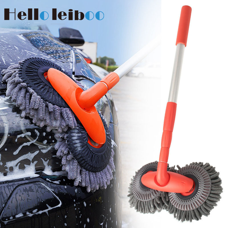 LEIBOO Car Cleaning Brush Washer Mop Chenille Brush Double Brush Head Roof Window Cleaning Mop Three-Section Telescopic Wash Mop