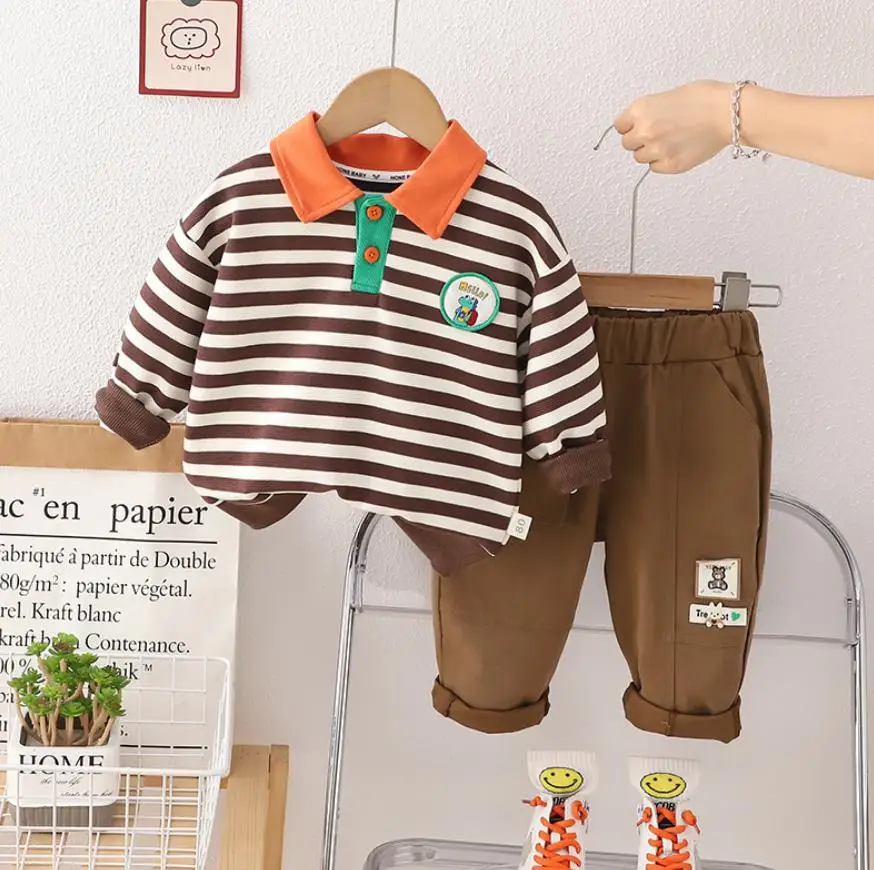 

Baby Designer Boys Clothes Set Toddler Outfits Spring Autumn Kids Striped Dinosaurs Long Sleeve T-shirt and Pants Tracksuits