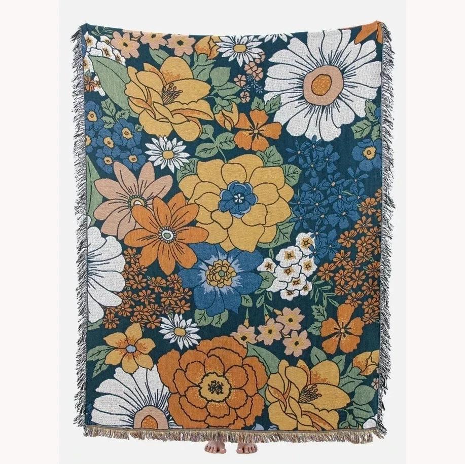 Floral Woven Throw Blanket Daisy Pattern Wall Carpet Sofa Bed Room Decor Tassel Thread Blanket Large Throw Tapestry Picnic Mat