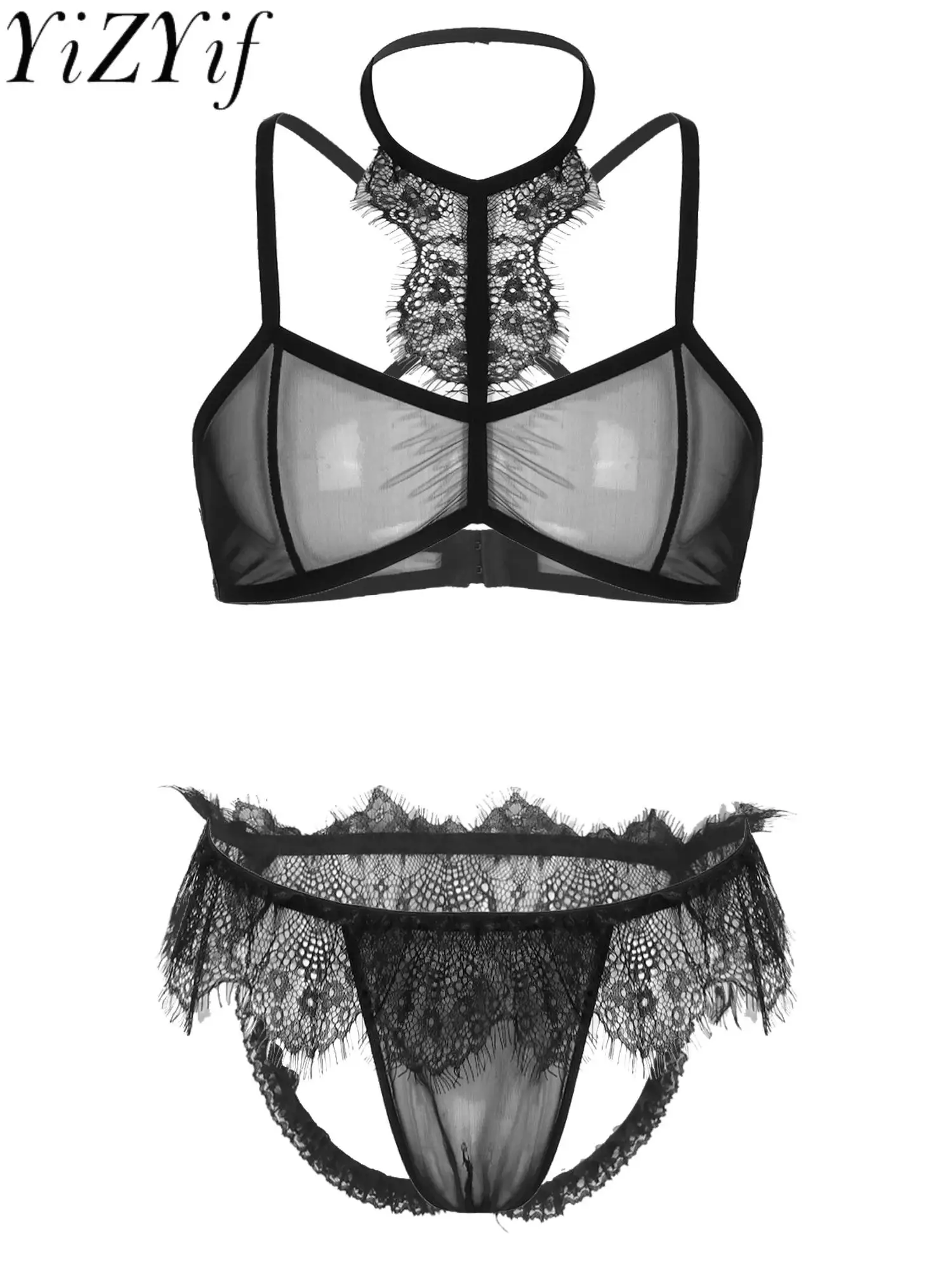 

YiZYiF Mens Sissy Sexy Lenceria Nightwear See Through Sheer Mesh Gay Lingerie Set Lace Trim Bra with Open Butt G-string Panties