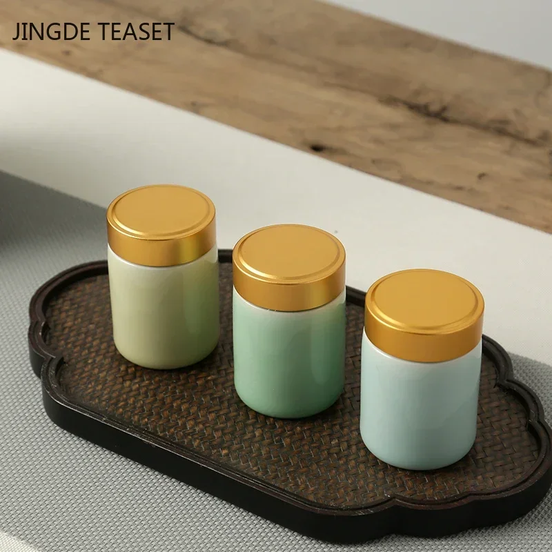 Tea Tin Box Tea Canister Airtight Container Creative Celadon Small Tea Caddy Portable Sealed Storage Tank Travel Tea Boxes Ceramic Coffee Canister Kitchen Spice Candy Jar