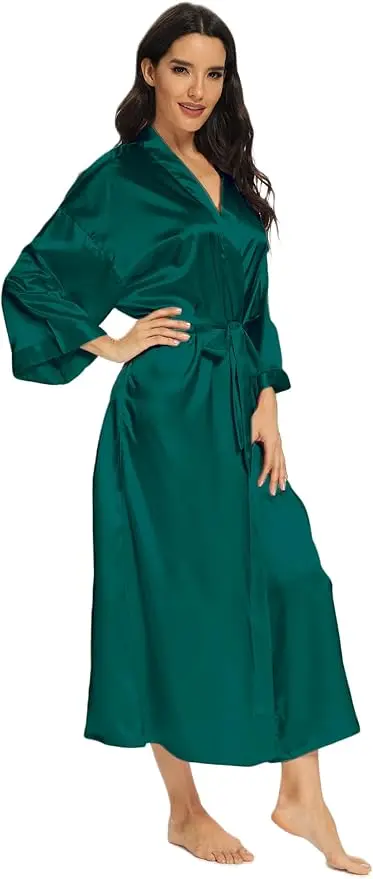 Women's Satin Robe Belted Elegant Solid Color Silky Comfort Bathrobe Loungewear 6