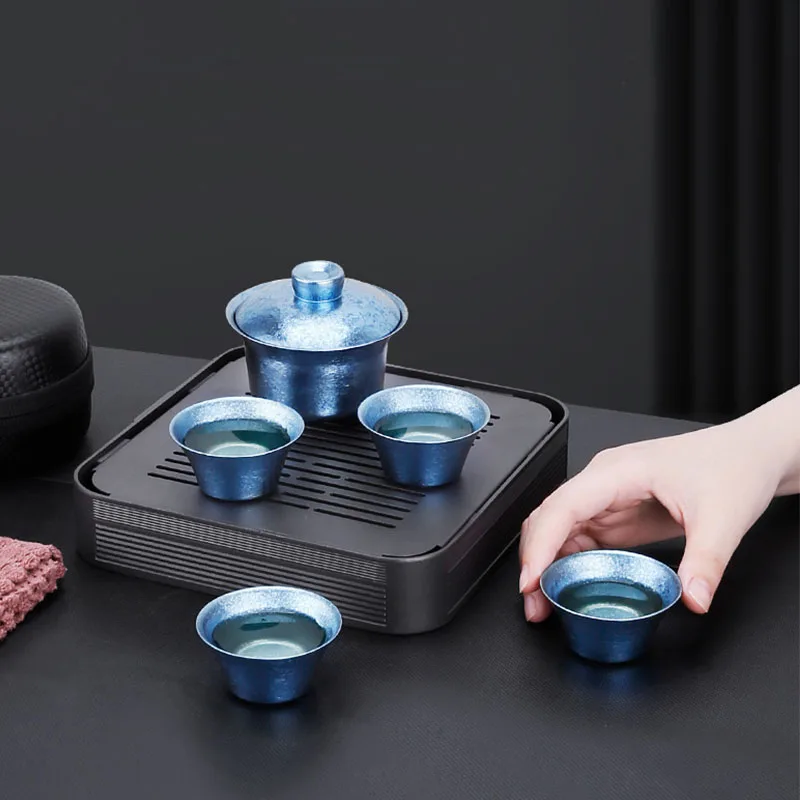90ml Gaiwan Set,1Gaiwan+4Teacup +1Storage Bag,Double Layer Pure Titanium,Heat Proof,Corrosion Resistant,Portable Outdoor Tea Set