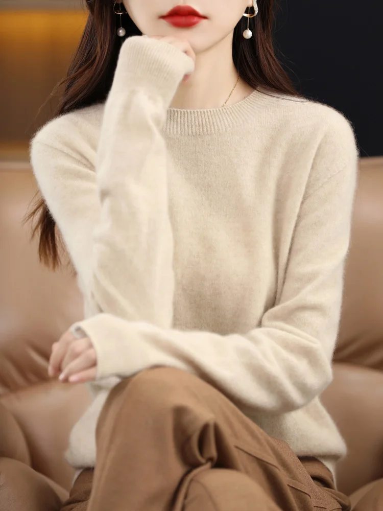 Autumn Winter Women Clothing Pullover New Fashion 100% Merino Wool Sweater Cashmere Tops Basic O-Neck Long Sleeve Knitwear - Image 3