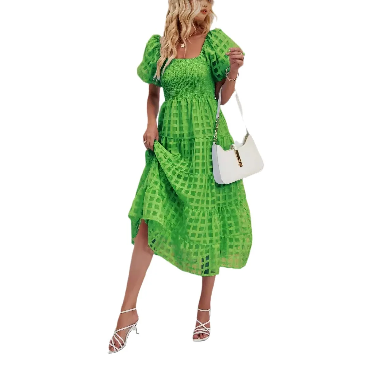2025 Summer Women's Long Dress Bubble Short Sleeve Floating Layered Beach  A-line Skirt - AliExpress 200000345