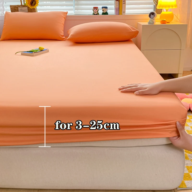 Soft Cotton Fitted Bed Sheet with Elastic Band Solid Color Mattress Cover for Single Double King Queen Bed 140/150/160/180/200