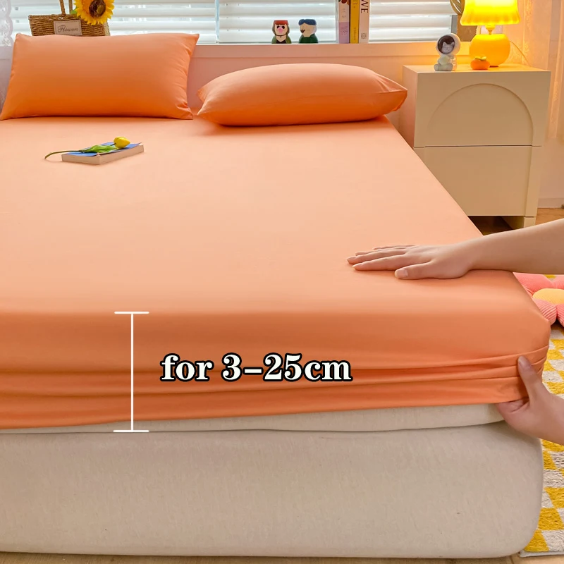 Soft Cotton Fitted Bed Sheet with Elastic Band Solid Color Mattress Cover for Single Double King Queen Bed 140/150/160/180/200 2