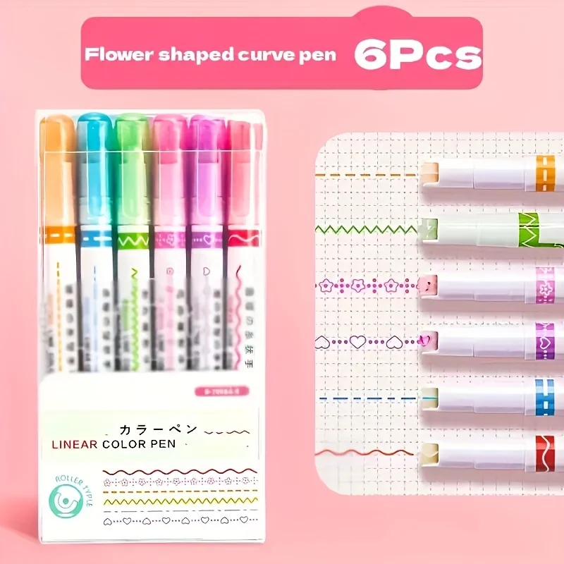 Highlighter Pen Highlighter Marker Flower Shape Pens 6Pcs/Set Flower Line Shape Highlighter Pen Roller Tip Curve Liner Marker Kawaii Korean Stationery School Office Supplies Gifts