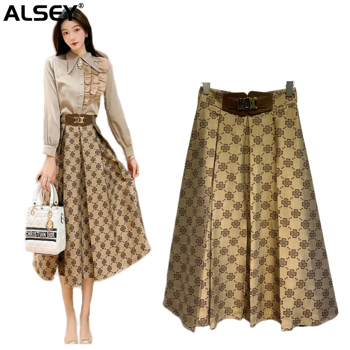 

ALSEY High Quality 2023 Fall Winter Women's Half Skirt Metal Belt Design Fashion Printing Hepburn Style Umbrella Skirt A07310