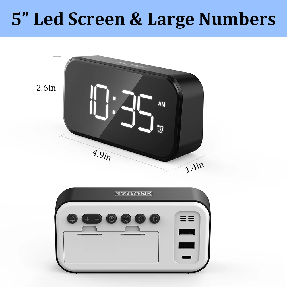 Digital Touch Alarm Clock 5 Inch Black Full Screen Fashion White /Green Display 100dB Extra Alarm Clock Home Decor for Bedroom 5
