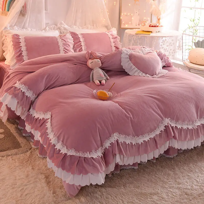 

Winter Plus Velvet Padded Double-sided Coral Fleece 4pcs Set Princess Wind Milk Velvet Crystal Velvet Bed Skirt Quilt Cover