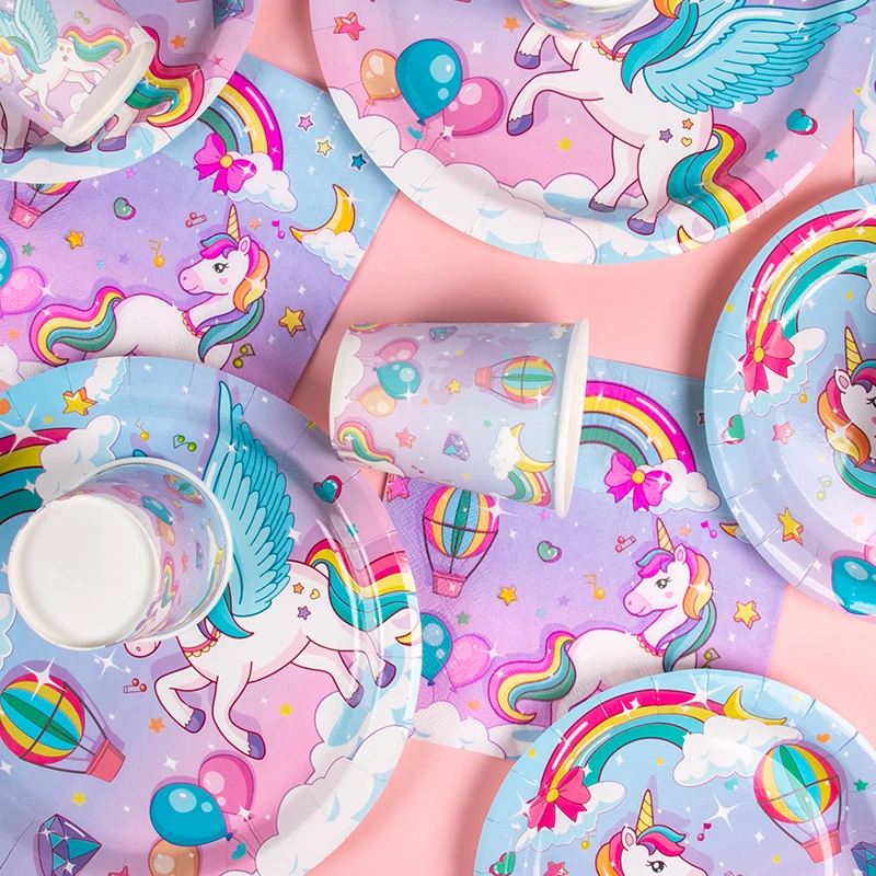 Regenbogen Einhorn Partyzubehör Einhorn Dekoration Pappteller Tasse Geschenktüte Kuchenaufsatz für Babyparty Mädchen Geburtstag Parry Dekor – Detail 7