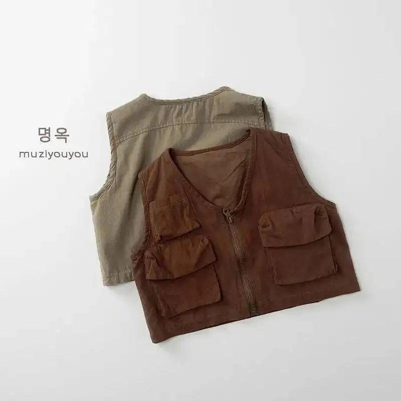 Frühling Herbst Kinder Weste 1-8Y Jungen Baumwolle Tasche Zipper Westen Tank Tops Koreanische Kleinkind Oberbekleidung Für Kinder Kleidung Neue – Detail 4