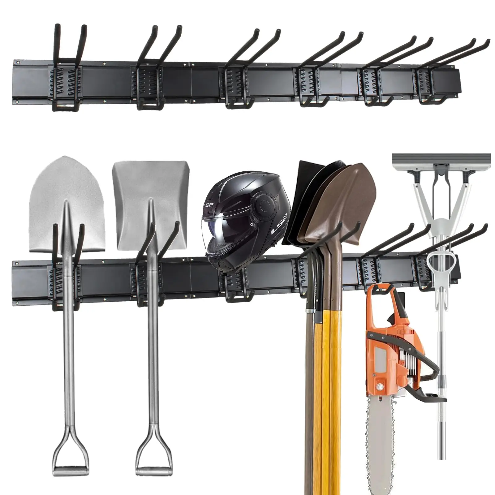 

Heavy Duty Tool Wall Mount: 48-Inch Garage Organization with 3 Rails, 6 Adjustable Hooks