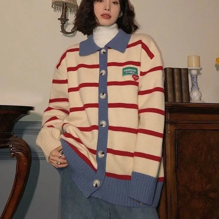 

Vintage Striped Polo Collar Button Cardigan Knitted Stitching Sweater Women 2022 Autumn Fashion Sweet Lazy Korean Style Sweater