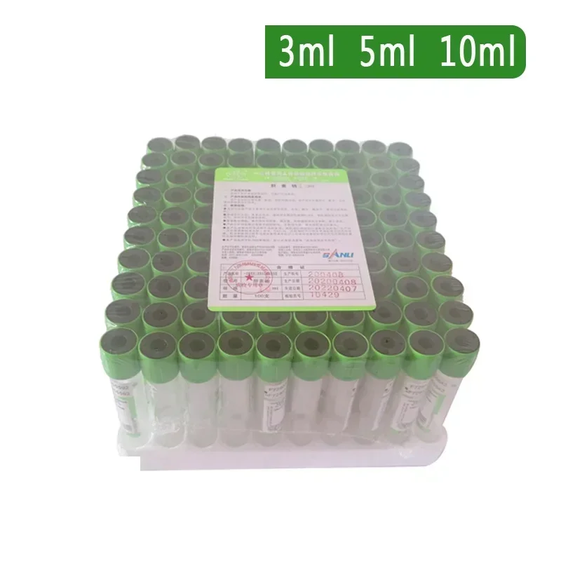 10ml 5ml 3ml 100pcs Disposable Sterile Vacuum Blood Collection Tube With Heparin Sodium Additives Green Lid PT Vacuum Tube