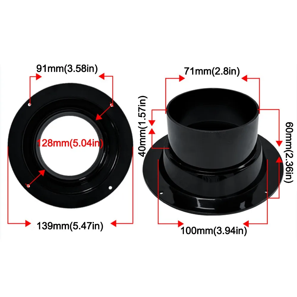 Black ABS Bevel Flange Adapter for Air Ventilation Hoses (50-160mm)