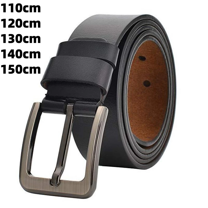 110-150cm Cowhide Leather Men Lengthened Belt Fat Casual Joker Two layer Retro Pin Buckle Generation Black Real High Quality