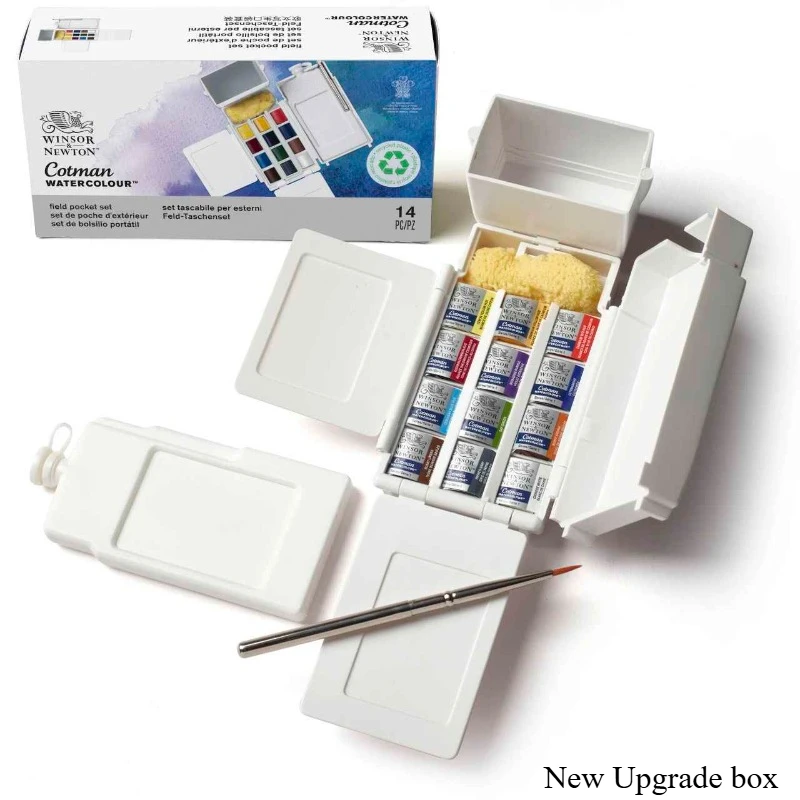 13/14PCS Winsor & Newton Cotman Watercolor Paint Set Field Pocket Set 12 Half Pan with Brush Sponge Bottle Outdoor Drawing,watercolor painting set