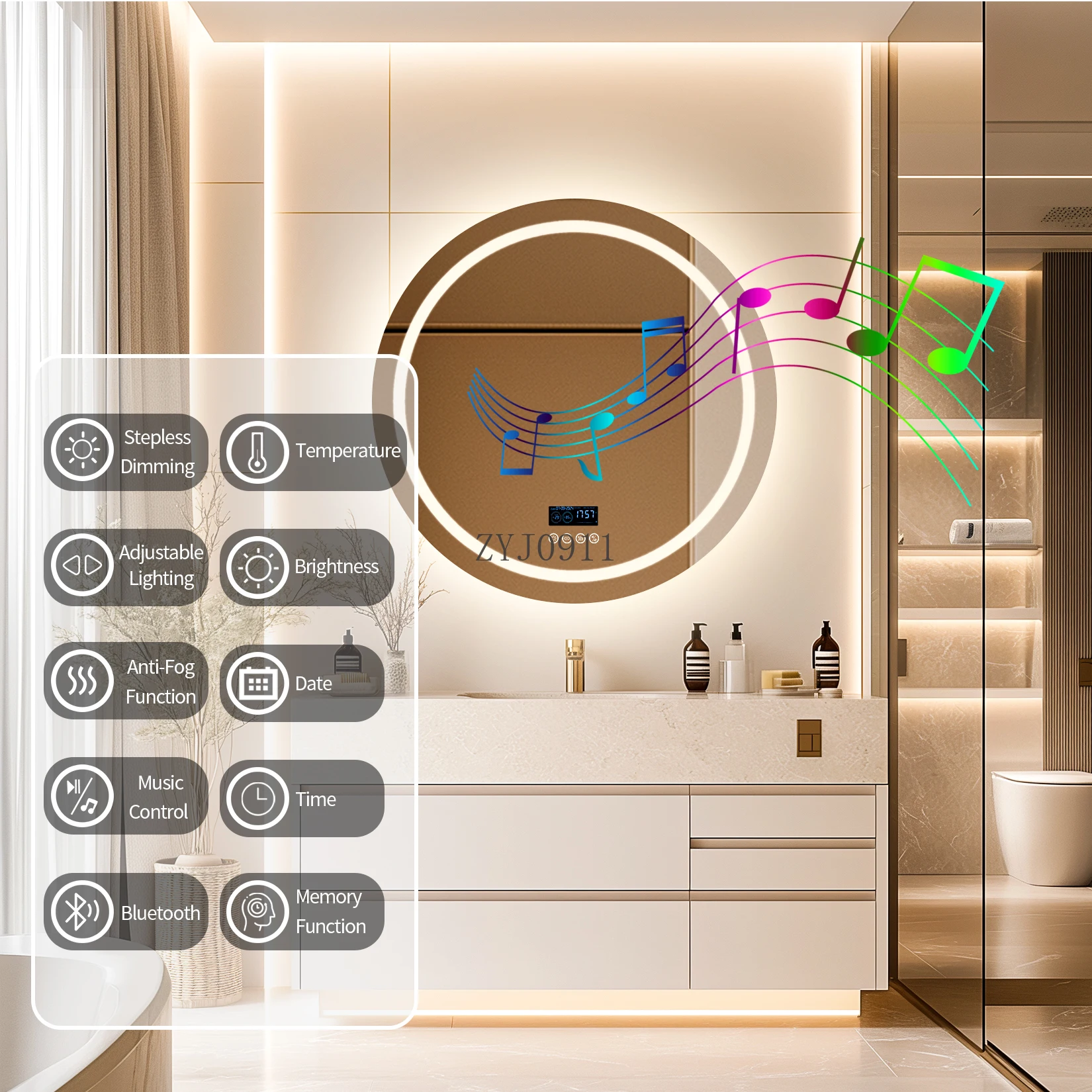 Led Bathroom Mirror with Lights,32"x32" Wall-Mounted 3 Colors Dimmable Light Bluetooth Speaker Temperatu Anti-Fog Memory