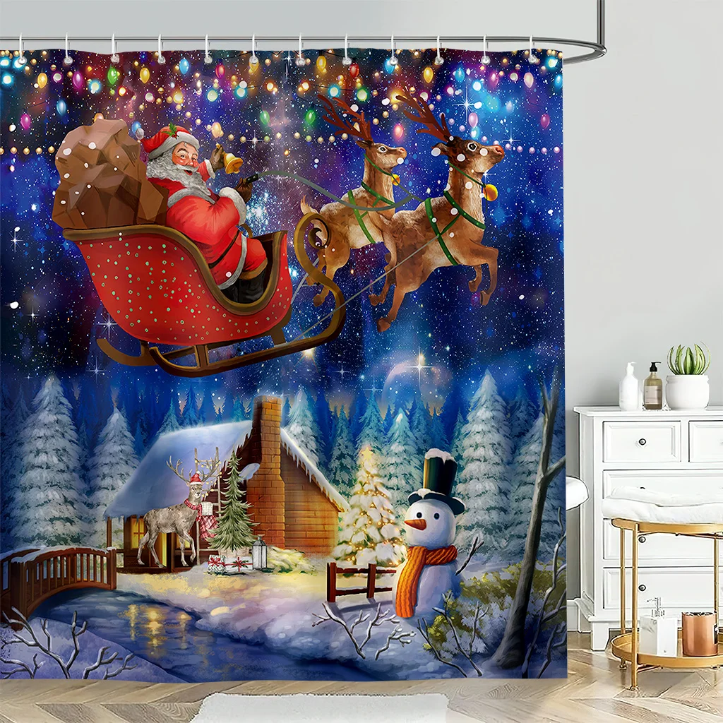 

Christmas Starry Sky Santa Claus Cartoon Print Shower Curtain, Waterproof Shower Curtain with Hook, Bathroom Partition 1pc