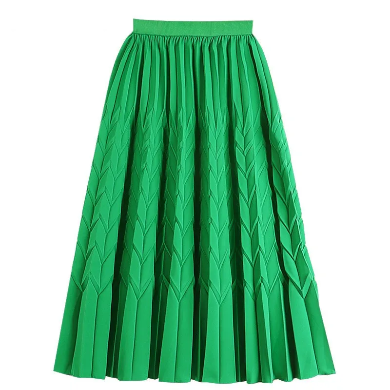 

YEMOGGY Casual Loose Knit Diamond Pleated Skirt For Autumn/Winter Women's Skirt Elastic High Waist Slim Solid Midi A-line Skirt