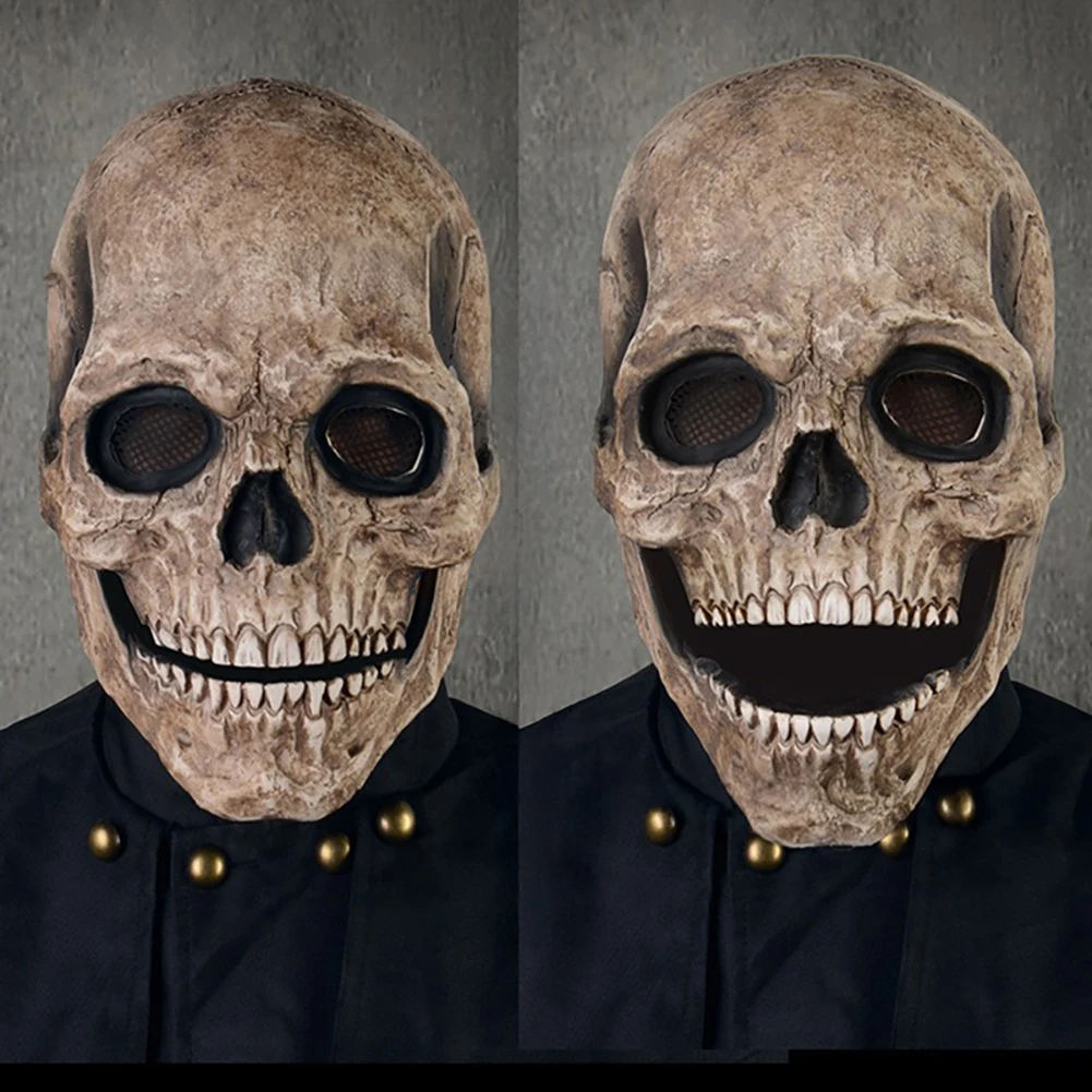 Halloween Latex Skull Mask Horror Glowing Green Eyes Skull Mask Animated Moving Jaw Skull Realistic Halloween Prop Full Head