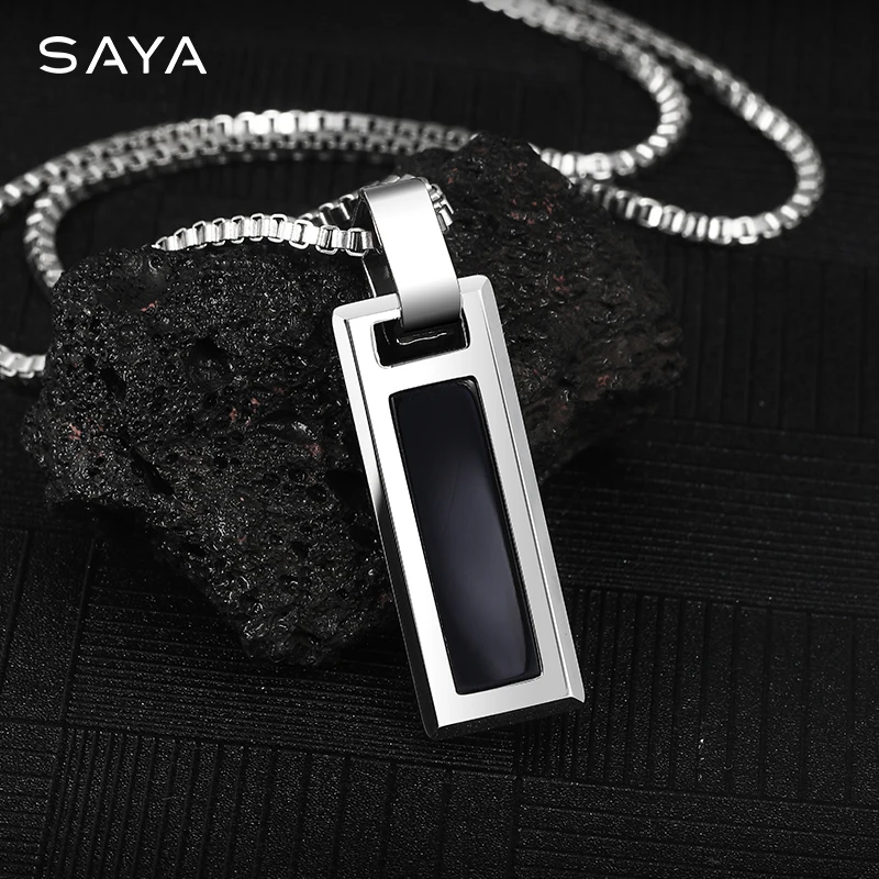 Necklace for Men Natural Turquoise Pendant High end Trendy Brand Tungsten Black Agate Fashion Versatile，Engraving 3