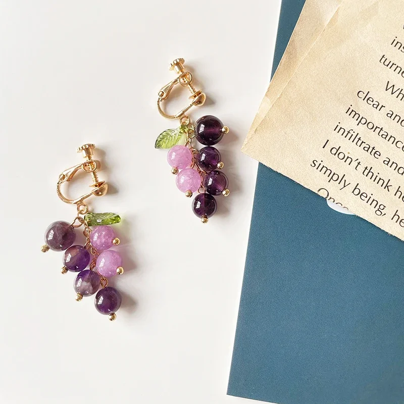 Cute Pink Peach Stawberry Ear Clips Earrings Girl Gifts Fresh Fruits Purple Green Grapes Clip on Earrings for Women Non Pierced