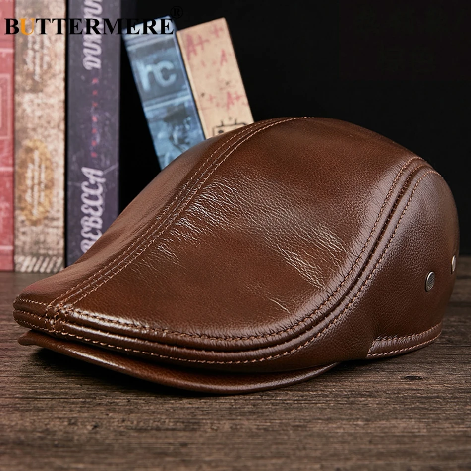 BUTTERMERE Flat Caps Men Real Leather Duckbill Hats Berets Earflaps Black Casual Directors Cap Male Vintage Winter Driving Caps 2