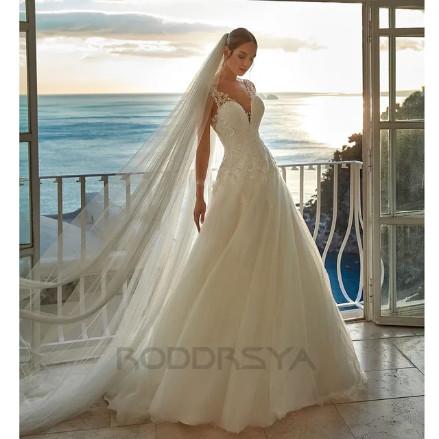 Roddrsya boho elegant wedding dresses for women v neck a line appliques backless with button
