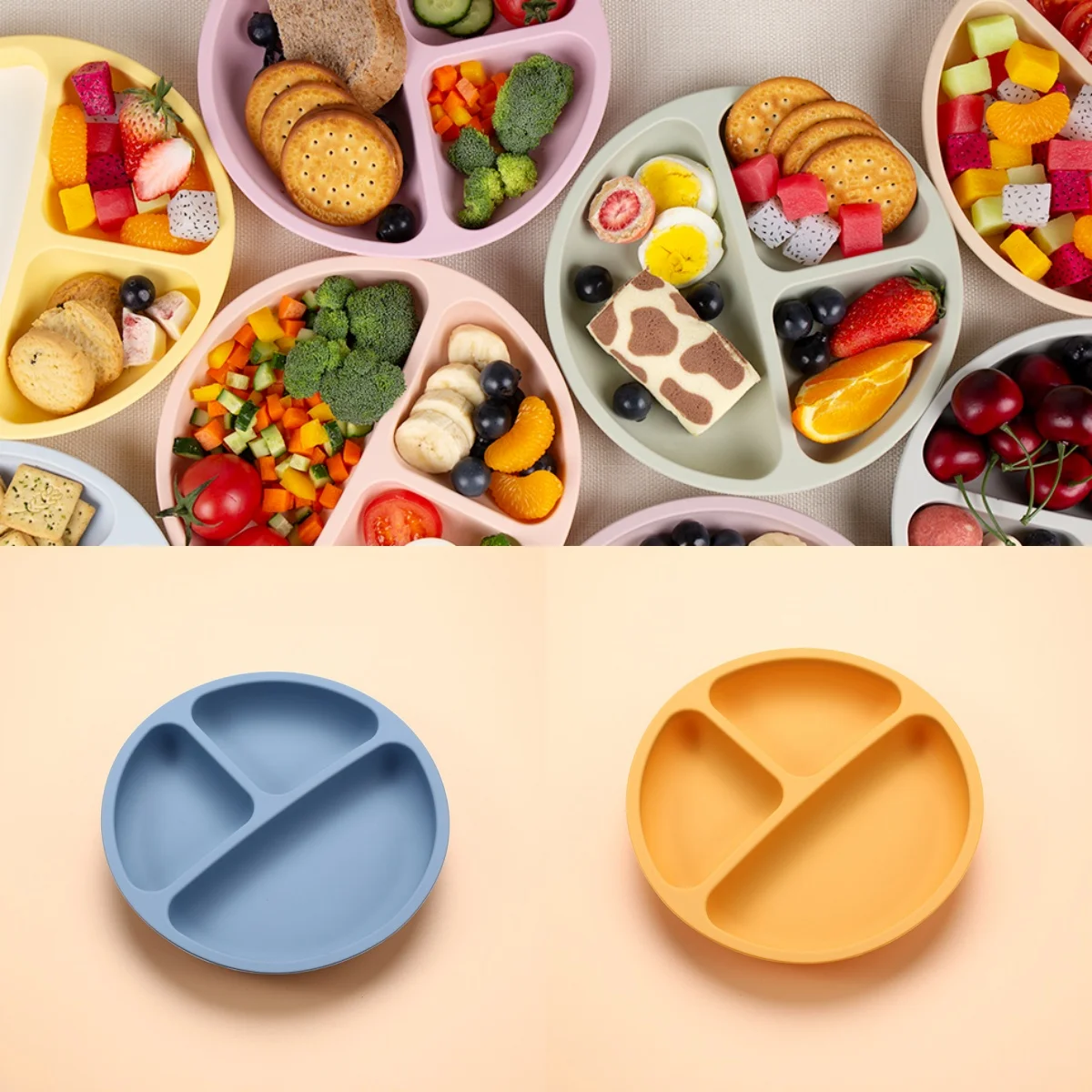 Baby Silicone Divided Plate Feeding Children Dining Safe Suction Round Tray for Toddlers Kids Meal Training Sucker Tableware